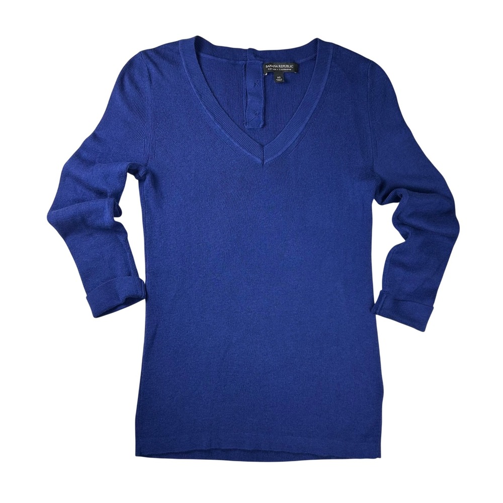 Banana Republic Womens XS Blue Pima‎ Cotton Cashmere V-Neck Ribbed Sweater
